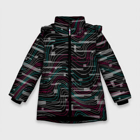 Зимняя куртка для девочек 3D с принтом Cyberpunk Waves в Белгороде, ткань верха — 100% полиэстер; подклад — 100% полиэстер, утеплитель — 100% полиэстер. | длина ниже бедра, удлиненная спинка, воротник стойка и отстегивающийся капюшон. Есть боковые карманы с листочкой на кнопках, утяжки по низу изделия и внутренний карман на молнии. 

Предусмотрены светоотражающий принт на спинке, радужный светоотражающий элемент на пуллере молнии и на резинке для утяжки. | cyberpunk | glitch | волны | глитч | киберпанк | узор | футуристичный