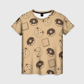 Женская футболка 3D с принтом Ми ми мишка в Белгороде, 100% полиэфир ( синтетическое хлопкоподобное полотно) | прямой крой, круглый вырез горловины, длина до линии бедер | Тематика изображения на принте: еда | мило | милота | минимализм | мишка | печенье | пончик | эстетика