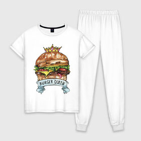 Женская пижама хлопок с принтом Burger queen в Белгороде, 100% хлопок | брюки и футболка прямого кроя, без карманов, на брюках мягкая резинка на поясе и по низу штанин | burger | burger queen | бургер | бургер с короной | еда