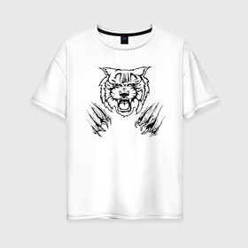 Женская футболка хлопок Oversize с принтом Дикая кошка в Белгороде, 100% хлопок | свободный крой, круглый ворот, спущенный рукав, длина до линии бедер
 | animal | cat | lion | tiger | голова | животное | животные | зверь | киса | клыки | когти | кошка | лев | тигр | хищник