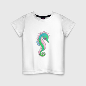 Детская футболка хлопок с принтом Морской конек в Белгороде, 100% хлопок | круглый вырез горловины, полуприлегающий силуэт, длина до линии бедер | море | морские жители | подводное царство | русалка