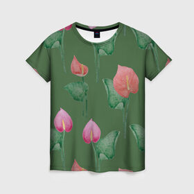 Женская футболка 3D с принтом Антуриумы на зеленом фоне в Белгороде, 100% полиэфир ( синтетическое хлопкоподобное полотно) | прямой крой, круглый вырез горловины, длина до линии бедер | 8 марта | flowers | summer | антуриумы | ботаническая иллюстрация | весна | зеленый | красный | лето | любовь | праздник | принт | природа | растения | розовый | цветы