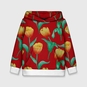 Детская толстовка 3D с принтом Тюльпаны на красном фоне в Белгороде, 100% полиэстер | двухслойный капюшон со шнурком для регулировки, мягкие манжеты на рукавах и по низу толстовки, спереди карман-кенгуру с мягким внутренним слоем | 8 марта | flowers | summer | ботаническая иллюстрация | весна | желтый | зеленый | красный | лето | любовь | праздник | принт | природа | растения | тюльпаны | цветы