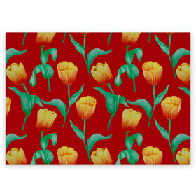 Поздравительная открытка с принтом Тюльпаны на красном фоне в Белгороде, 100% бумага | плотность бумаги 280 г/м2, матовая, на обратной стороне линовка и место для марки
 | 8 марта | flowers | summer | ботаническая иллюстрация | весна | желтый | зеленый | красный | лето | любовь | праздник | принт | природа | растения | тюльпаны | цветы
