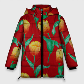 Женская зимняя куртка 3D с принтом Тюльпаны на красном фоне в Белгороде, верх — 100% полиэстер; подкладка — 100% полиэстер; утеплитель — 100% полиэстер | длина ниже бедра, силуэт Оверсайз. Есть воротник-стойка, отстегивающийся капюшон и ветрозащитная планка. 

Боковые карманы с листочкой на кнопках и внутренний карман на молнии | 8 марта | flowers | summer | ботаническая иллюстрация | весна | желтый | зеленый | красный | лето | любовь | праздник | принт | природа | растения | тюльпаны | цветы