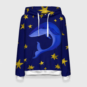 Женская толстовка 3D с принтом Звездный кит в Белгороде, 100% полиэстер  | двухслойный капюшон со шнурком для регулировки, мягкие манжеты на рукавах и по низу толстовки, спереди карман-кенгуру с мягким внутренним слоем. | Тематика изображения на принте: звезды | золотые | кит | ночное небо | синий | созвездие