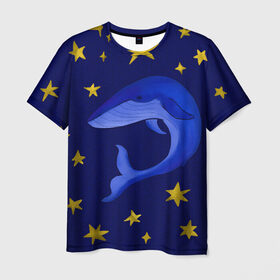 Мужская футболка 3D с принтом Звездный кит в Белгороде, 100% полиэфир | прямой крой, круглый вырез горловины, длина до линии бедер | Тематика изображения на принте: звезды | золотые | кит | ночное небо | синий | созвездие