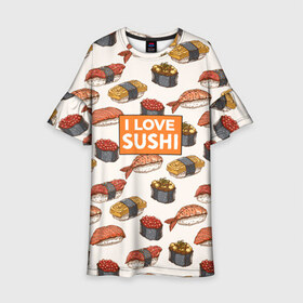 Детское платье 3D с принтом I love sushi Я люблю суши в Белгороде, 100% полиэстер | прямой силуэт, чуть расширенный к низу. Круглая горловина, на рукавах — воланы | japan | japanese | виды суши | гункан | гунканы | икра | красная икра | красная рыба | креветка | лосось | маки | нигири | омлет | паттерн | ролл | роллы | сашими | суси | узор | фастфуд | форель | футомаки