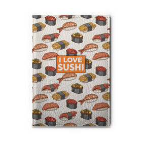 Обложка для автодокументов с принтом I love sushi Я люблю суши в Белгороде, натуральная кожа |  размер 19,9*13 см; внутри 4 больших “конверта” для документов и один маленький отдел — туда идеально встанут права | japan | japanese | виды суши | гункан | гунканы | икра | красная икра | красная рыба | креветка | лосось | маки | нигири | омлет | паттерн | ролл | роллы | сашими | суси | узор | фастфуд | форель | футомаки