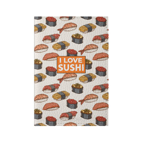 Обложка для паспорта матовая кожа с принтом I love sushi Я люблю суши в Белгороде, натуральная матовая кожа | размер 19,3 х 13,7 см; прозрачные пластиковые крепления | Тематика изображения на принте: japan | japanese | виды суши | гункан | гунканы | икра | красная икра | красная рыба | креветка | лосось | маки | нигири | омлет | паттерн | ролл | роллы | сашими | суси | узор | фастфуд | форель | футомаки