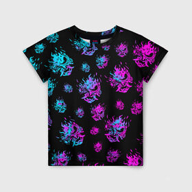 Детская футболка 3D с принтом CYBERPUNK NEON PATTERN в Белгороде, 100% гипоаллергенный полиэфир | прямой крой, круглый вырез горловины, длина до линии бедер, чуть спущенное плечо, ткань немного тянется | Тематика изображения на принте: 2019 | cd project red | cyberpunk 2077 | cyberpunk fashion | hacker | keanu reeves | maelstrom | militech | night city | quadra | samurai | samurai cyberpunk 2077 | sci fi | trauma team | v | ви | киану ривз | киберпанк 2077 | логотип | роботы | 