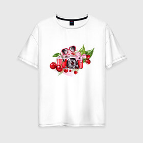 Женская футболка хлопок Oversize с принтом Воспоминания о лете в Белгороде, 100% хлопок | свободный крой, круглый ворот, спущенный рукав, длина до линии бедер
 | вишня | жара | июнь | листья | фотоаппарат | черешня