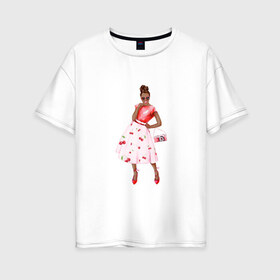 Женская футболка хлопок Oversize с принтом Кокетка в Белгороде, 100% хлопок | свободный крой, круглый ворот, спущенный рукав, длина до линии бедер
 | вишенки | девушка | игривость | лето | платье