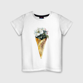 Детская футболка хлопок с принтом Мороженко в Белгороде, 100% хлопок | круглый вырез горловины, полуприлегающий силуэт, длина до линии бедер | акварель | букет | мороженое | цветы