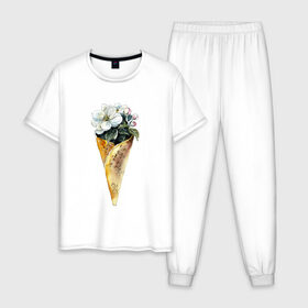 Мужская пижама хлопок с принтом Мороженко в Белгороде, 100% хлопок | брюки и футболка прямого кроя, без карманов, на брюках мягкая резинка на поясе и по низу штанин
 | Тематика изображения на принте: акварель | букет | мороженое | цветы