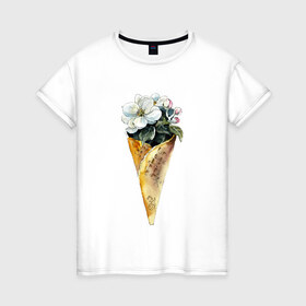 Женская футболка хлопок с принтом Мороженко в Белгороде, 100% хлопок | прямой крой, круглый вырез горловины, длина до линии бедер, слегка спущенное плечо | акварель | букет | мороженое | цветы