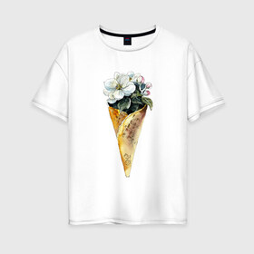 Женская футболка хлопок Oversize с принтом Мороженко в Белгороде, 100% хлопок | свободный крой, круглый ворот, спущенный рукав, длина до линии бедер
 | акварель | букет | мороженое | цветы