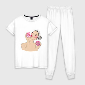 Женская пижама хлопок с принтом Моя любовь-пончики в Белгороде, 100% хлопок | брюки и футболка прямого кроя, без карманов, на брюках мягкая резинка на поясе и по низу штанин | вкусно | девушка | пончик | сладости