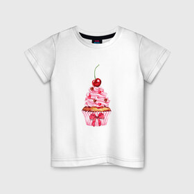 Детская футболка хлопок с принтом Капкейк в Белгороде, 100% хлопок | круглый вырез горловины, полуприлегающий силуэт, длина до линии бедер | Тематика изображения на принте: вишенка | к чаю | кекс | крем
