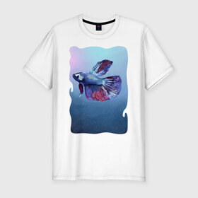 Мужская футболка хлопок Slim с принтом Рыбка в Белгороде, 92% хлопок, 8% лайкра | приталенный силуэт, круглый вырез ворота, длина до линии бедра, короткий рукав | tegunvteg | акварель | аквариумнаярыбка | вода | петушок | рыбка
