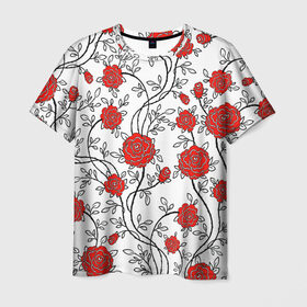 Мужская футболка 3D с принтом Цветы в Белгороде, 100% полиэфир | прямой крой, круглый вырез горловины, длина до линии бедер | flowers | roses | white | букет | китайский | листья | орнамент | паттерн | растения | розы | текстуры | узор | цветы