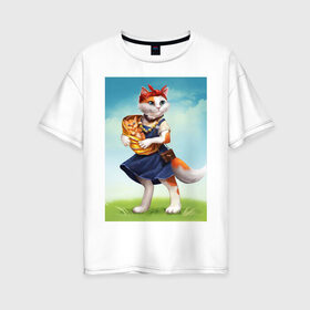 Женская футболка хлопок Oversize с принтом Мама-кошка в Белгороде, 100% хлопок | свободный крой, круглый ворот, спущенный рукав, длина до линии бедер
 | кошка | лето | мама | ребенок | фотоаппарат