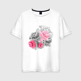 Женская футболка хлопок Oversize с принтом Букет в Белгороде, 100% хлопок | свободный крой, круглый ворот, спущенный рукав, длина до линии бедер
 | акварель | девушка | нежность | пионы | цветы