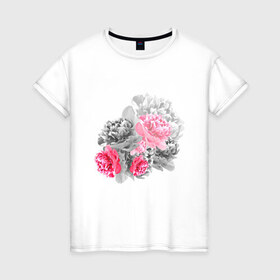 Женская футболка хлопок с принтом Букет в Белгороде, 100% хлопок | прямой крой, круглый вырез горловины, длина до линии бедер, слегка спущенное плечо | акварель | девушка | нежность | пионы | цветы