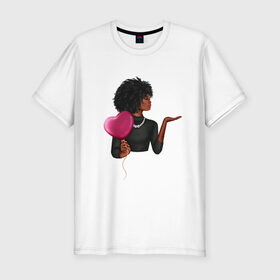 Мужская футболка хлопок Slim с принтом Девушка с шариком в Белгороде, 92% хлопок, 8% лайкра | приталенный силуэт, круглый вырез ворота, длина до линии бедра, короткий рукав | Тематика изображения на принте: анфас | афро | любовь | ня | ожерелье