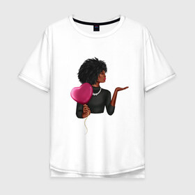 Мужская футболка хлопок Oversize с принтом Девушка с шариком в Белгороде, 100% хлопок | свободный крой, круглый ворот, “спинка” длиннее передней части | Тематика изображения на принте: анфас | афро | любовь | ня | ожерелье