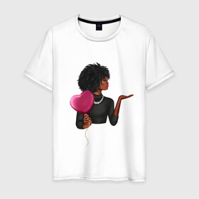 Мужская футболка хлопок с принтом Девушка с шариком в Белгороде, 100% хлопок | прямой крой, круглый вырез горловины, длина до линии бедер, слегка спущенное плечо. | Тематика изображения на принте: анфас | афро | любовь | ня | ожерелье