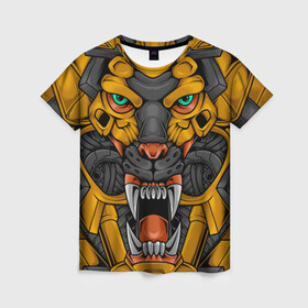 Женская футболка 3D с принтом Хищный тигр киборг в Белгороде, 100% полиэфир ( синтетическое хлопкоподобное полотно) | прямой крой, круглый вырез горловины, длина до линии бедер | art | cyber | head | lion | mechanical | tiger | арт | кибер | лев | механический | монстр | робот | тигр