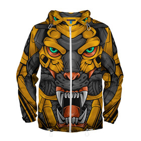 Мужская ветровка 3D с принтом Хищный тигр киборг в Белгороде, 100% полиэстер | подол и капюшон оформлены резинкой с фиксаторами, два кармана без застежек по бокам, один потайной карман на груди | Тематика изображения на принте: art | cyber | head | lion | mechanical | tiger | арт | кибер | лев | механический | монстр | робот | тигр