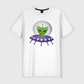Мужская футболка хлопок Slim с принтом Инопланетный кот в Белгороде, 92% хлопок, 8% лайкра | приталенный силуэт, круглый вырез ворота, длина до линии бедра, короткий рукав | neon | space | вселенная | звезды | зеленые человечки | инопланетяне | космос | кот | неон | нло | огни | тарелка