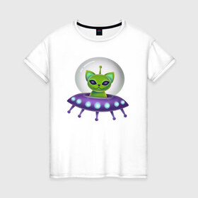 Женская футболка хлопок с принтом Инопланетный кот в Белгороде, 100% хлопок | прямой крой, круглый вырез горловины, длина до линии бедер, слегка спущенное плечо | neon | space | вселенная | звезды | зеленые человечки | инопланетяне | космос | кот | неон | нло | огни | тарелка