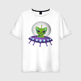 Женская футболка хлопок Oversize с принтом Инопланетный кот в Белгороде, 100% хлопок | свободный крой, круглый ворот, спущенный рукав, длина до линии бедер
 | neon | space | вселенная | звезды | зеленые человечки | инопланетяне | космос | кот | неон | нло | огни | тарелка