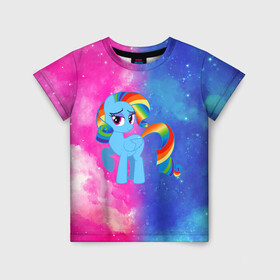 Детская футболка 3D с принтом Радуга Дэш в Белгороде, 100% гипоаллергенный полиэфир | прямой крой, круглый вырез горловины, длина до линии бедер, чуть спущенное плечо, ткань немного тянется | Тематика изображения на принте: baby | girl | horse | kawaii | luna | my little pony | princess | rainbow | rainbow dash | девочкам | девочки | детям | единорог | животные | кавайный | конь | лошадь | луна | малыш | облака | пегас | пинки пай | пони | радуга дэш