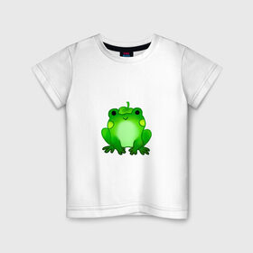 Детская футболка хлопок с принтом Жаба с листиком в Белгороде, 100% хлопок | круглый вырез горловины, полуприлегающий силуэт, длина до линии бедер | Тематика изображения на принте: жаба | зеленая | лягуха | лягушка | милая | с листочком