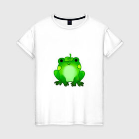Женская футболка хлопок с принтом Жаба с листиком в Белгороде, 100% хлопок | прямой крой, круглый вырез горловины, длина до линии бедер, слегка спущенное плечо | Тематика изображения на принте: жаба | зеленая | лягуха | лягушка | милая | с листочком
