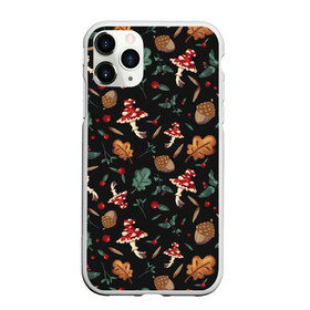 Чехол для iPhone 11 Pro матовый с принтом Лесной принт с мухоморами в Белгороде, Силикон |  | Тематика изображения на принте: грибы | желуди | лесной | листья | мухоморы | узор | черный