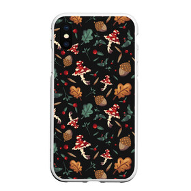 Чехол для iPhone XS Max матовый с принтом Лесной принт с мухоморами в Белгороде, Силикон | Область печати: задняя сторона чехла, без боковых панелей | грибы | желуди | лесной | листья | мухоморы | узор | черный
