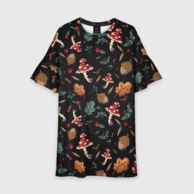 Детское платье 3D с принтом Лесной принт с мухоморами в Белгороде, 100% полиэстер | прямой силуэт, чуть расширенный к низу. Круглая горловина, на рукавах — воланы | Тематика изображения на принте: грибы | желуди | лесной | листья | мухоморы | узор | черный