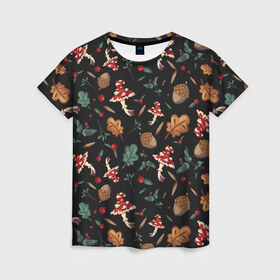 Женская футболка 3D с принтом Лесной принт с мухоморами в Белгороде, 100% полиэфир ( синтетическое хлопкоподобное полотно) | прямой крой, круглый вырез горловины, длина до линии бедер | грибы | желуди | лесной | листья | мухоморы | узор | черный