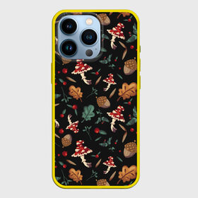 Чехол для iPhone 13 Pro с принтом Лесной принт с мухоморами в Белгороде,  |  | грибы | желуди | лесной | листья | мухоморы | узор | черный