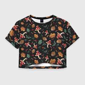 Женская футболка Crop-top 3D с принтом Лесной принт с мухоморами в Белгороде, 100% полиэстер | круглая горловина, длина футболки до линии талии, рукава с отворотами | грибы | желуди | лесной | листья | мухоморы | узор | черный