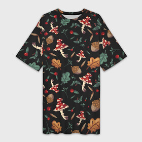 Платье-футболка 3D с принтом Лесной принт с мухоморами в Белгороде,  |  | Тематика изображения на принте: грибы | желуди | лесной | листья | мухоморы | узор | черный