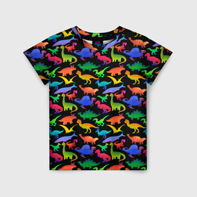 Детская футболка 3D с принтом Яркие динозавры в Белгороде, 100% гипоаллергенный полиэфир | прямой крой, круглый вырез горловины, длина до линии бедер, чуть спущенное плечо, ткань немного тянется | Тематика изображения на принте: дино | динозавры | диносы | разноцветные | хищные | цветные | юрский период