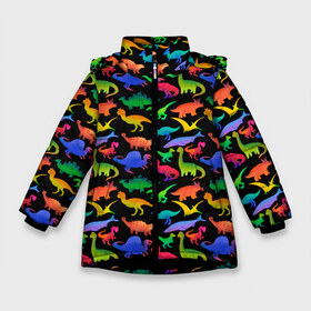 Зимняя куртка для девочек 3D с принтом Яркие динозавры в Белгороде, ткань верха — 100% полиэстер; подклад — 100% полиэстер, утеплитель — 100% полиэстер. | длина ниже бедра, удлиненная спинка, воротник стойка и отстегивающийся капюшон. Есть боковые карманы с листочкой на кнопках, утяжки по низу изделия и внутренний карман на молнии. 

Предусмотрены светоотражающий принт на спинке, радужный светоотражающий элемент на пуллере молнии и на резинке для утяжки. | дино | динозавры | диносы | разноцветные | хищные | цветные | юрский период