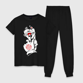 Женская пижама хлопок с принтом Alucard в Белгороде, 100% хлопок | брюки и футболка прямого кроя, без карманов, на брюках мягкая резинка на поясе и по низу штанин | alucard | anime | art | brutal | face | gg | hellsing | icon | manga | pentagram | rape | ultimate | vampire | алукард | аниме | безумец | вампир | влад | гг | глаз | граф | дракула | манга | облизывает | один | палец | пентаграмма | пе