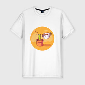 Мужская футболка хлопок Slim с принтом Кофе и Кактус в Белгороде, 92% хлопок, 8% лайкра | приталенный силуэт, круглый вырез ворота, длина до линии бедра, короткий рукав | кактус | кофе | мило | спит